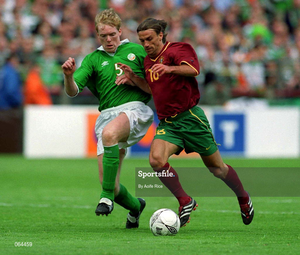 2 June 2001; Joao Pinto of Portugal in action against Steve Staunton of Republic of Ireland during the FIFA World Cup 2002 Group 2 Qualifier match between Republic of Ireland and Portugal at Lansdowne Road in Dublin. Photo by Aoife Rice/Sportsfile