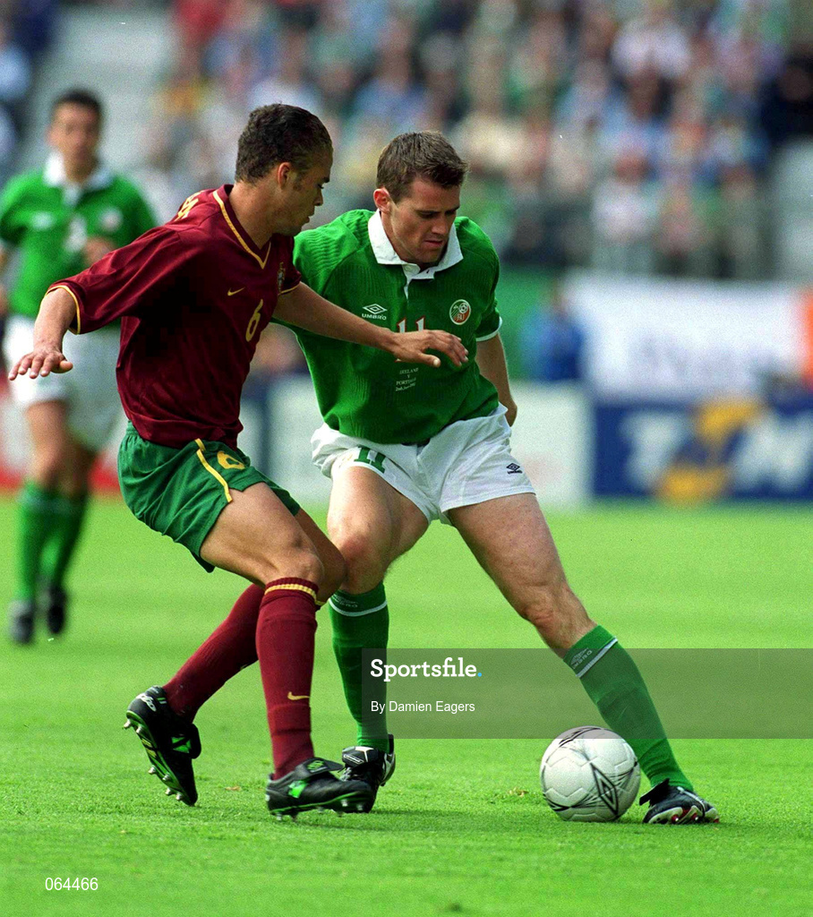 2 June 2001; Kevin Kilbane of Republic of Ireland in action against Nuno Miguel Frechant of Portugal during the FIFA World Cup 2002 Group 2 Qualifier match between Republic of Ireland and Portugal at Lansdowne Road in Dublin. Photo by Damien Eagers/Sportsfile