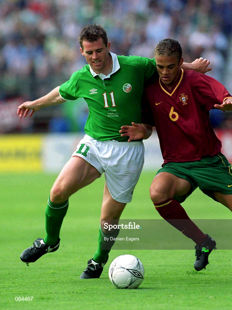 2 June 2001; Kevin Kilbane of Republic of Ireland in action against Nuno Miguel Frechaur of Portugal during the FIFA World Cup 2002 Group 2 Qualifier match between Republic of Ireland and Portugal at Lansdowne Road in Dublin. Photo by Damien Eagers/Sportsfile