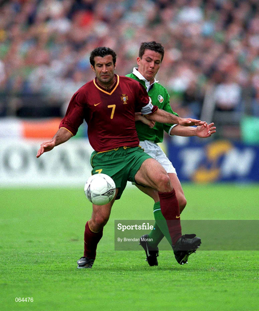 2 June 2001; Luis Figo of Portugal in action against Ian Harte of Republic of Ireland during the FIFA World Cup 2002 Group 2 Qualifier match between Republic of Ireland and Portugal at Lansdowne Road in Dublin. Photo by Brendan Moran/Sportsfile