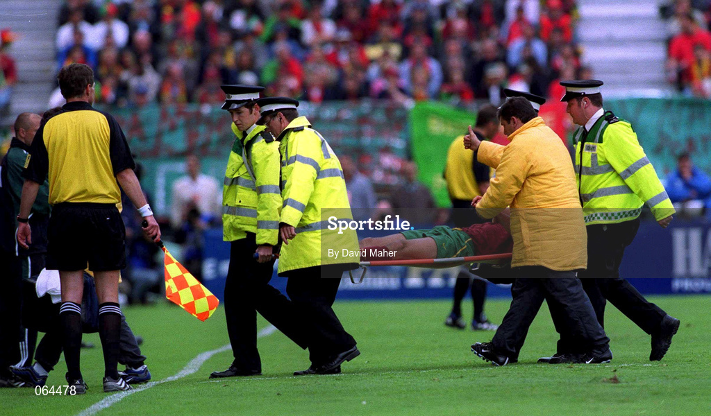 2 June 2001; Luis Figo of Portugal is stretchered off by medical personnel during the FIFA World Cup 2002 Group 2 Qualifier match between Republic of Ireland and Portugal at Lansdowne Road in Dublin. Photo by David Maher/Sportsfile