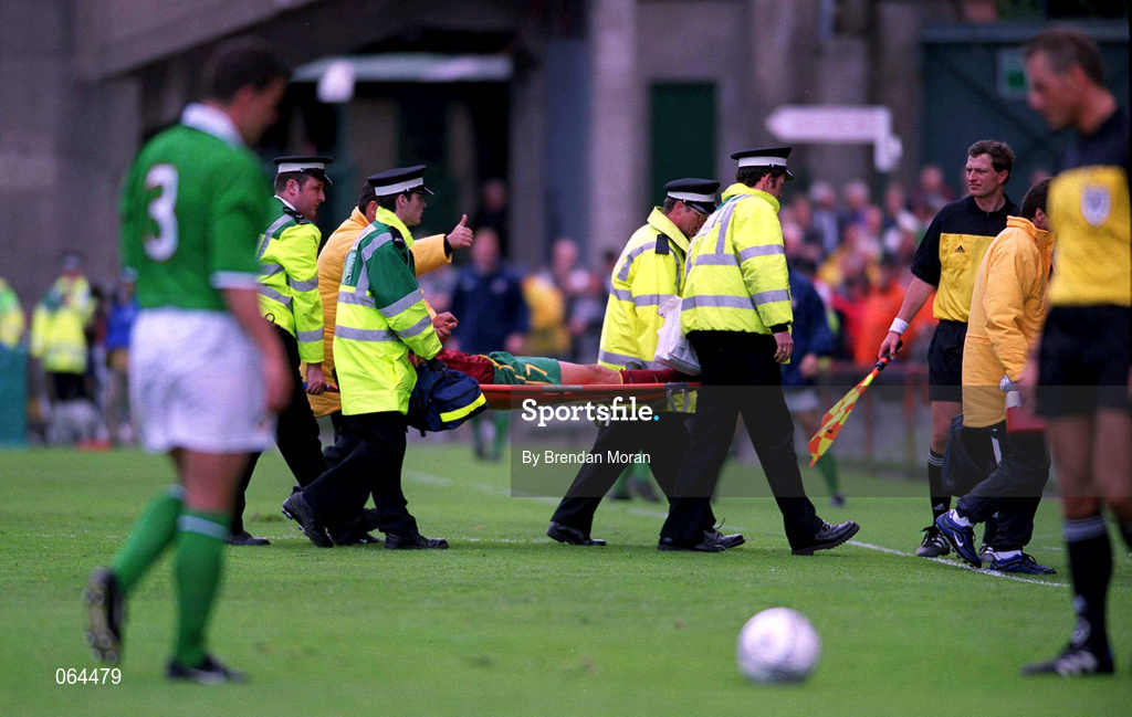 2 June 2001; Luis Figo of Portugal is stretchered off by medical personnel during the FIFA World Cup 2002 Group 2 Qualifier match between Republic of Ireland and Portugal at Lansdowne Road in Dublin. Photo by Brendan Moran/Sportsfile