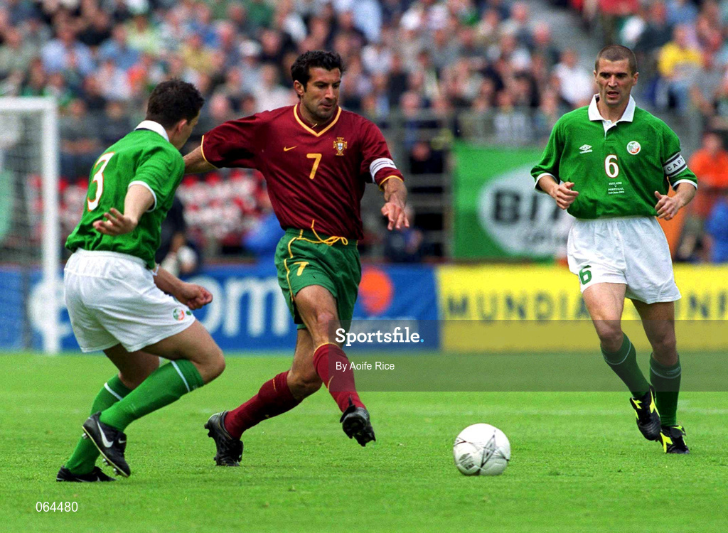 2 June 2001; Luis Figo of Portugal in action against Ian Harte, left, and Roy Keane of Republic of Ireland during the FIFA World Cup 2002 Group 2 Qualifier match between Republic of Ireland and Portugal at Lansdowne Road in Dublin. Photo by Aoife Rice/Sportsfile