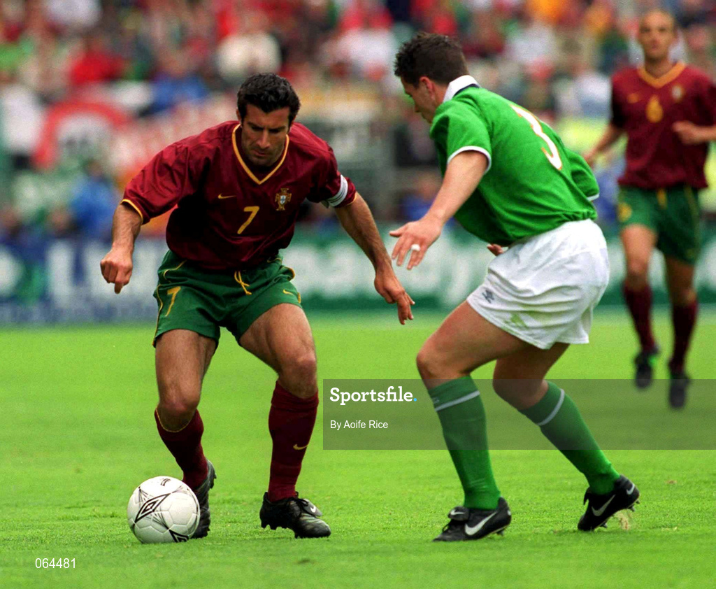 2 June 2001; Luis Figo of Portugal in action against Ian Harte of Republic of Ireland during the FIFA World Cup 2002 Group 2 Qualifier match between Republic of Ireland and Portugal at Lansdowne Road in Dublin. Photo by Aoife Rice/Sportsfile