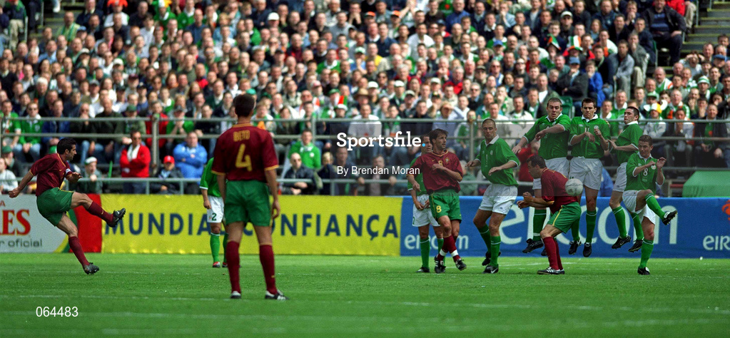 2 June 2001; Luis Figo of Portugal takes a free kick during the FIFA World Cup 2002 Group 2 Qualifier match between Republic of Ireland and Portugal at Lansdowne Road in Dublin. Photo by Brendan Moran/Sportsfile