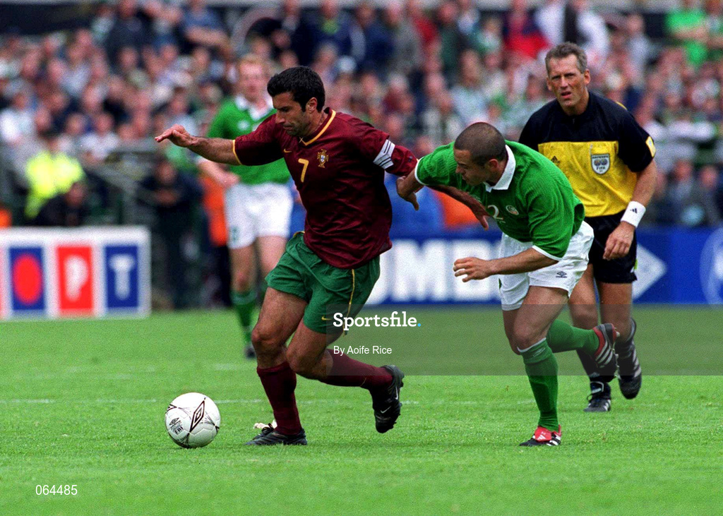 2 June 2001; Luis Figo of Portugal in action against Stephen Carr of Republic of Ireland during the FIFA World Cup 2002 Group 2 Qualifier match between Republic of Ireland and Portugal at Lansdowne Road in Dublin. Photo by Aoife Rice/Sportsfile