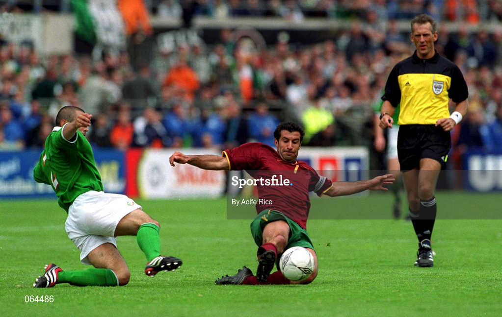 2 June 2001; Luis Figo of Portugal in action against Stephen Carr of Republic of Ireland during the FIFA World Cup 2002 Group 2 Qualifier match between Republic of Ireland and Portugal at Lansdowne Road in Dublin. Photo by Aoife Rice/Sportsfile