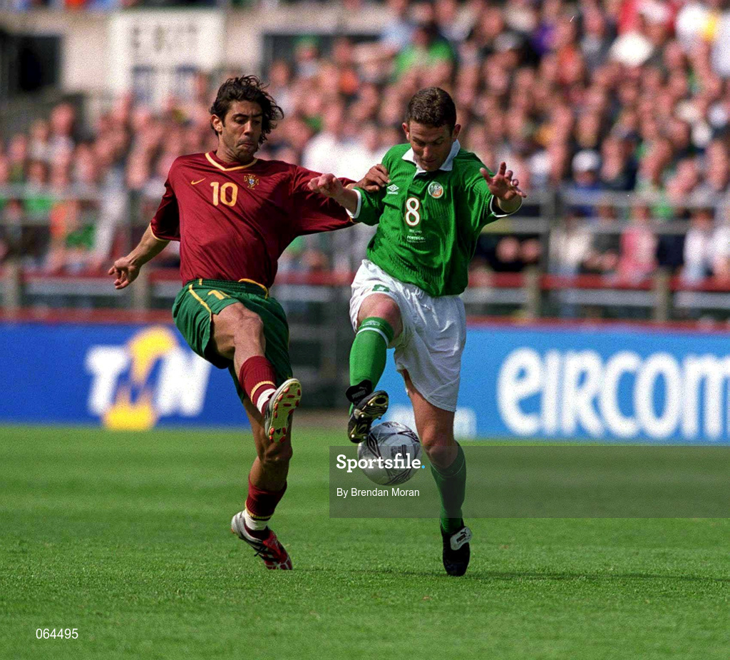 2 June 2001; Mark Kinsella of Republic of Ireland in action against Rui Costa of Portugal during the FIFA World Cup 2002 Group 2 Qualifier match between Republic of Ireland and Portugal at Lansdowne Road in Dublin. Photo by Brendan Moran/Sportsfile
