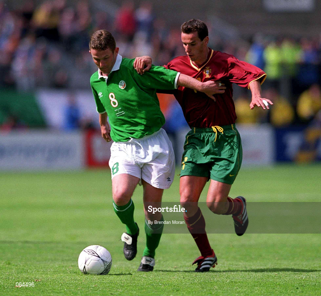 2 June 2001; Mark Kinsella of Republic of Ireland in action against Armando Petit of Portugal during the FIFA World Cup 2002 Group 2 Qualifier match between Republic of Ireland and Portugal at Lansdowne Road in Dublin. Photo by Brendan Moran/Sportsfile