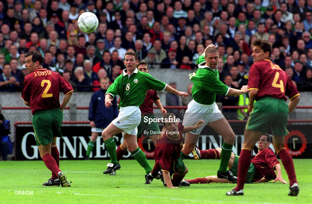 2 June 2001; Mark Kinsella, left, and Niall Quinn of Republic of Ireland watch a shot on goal during the FIFA World Cup 2002 Group 2 Qualifier match between Republic of Ireland and Portugal at Lansdowne Road in Dublin. Photo by Damien Eagers/Sportsfile