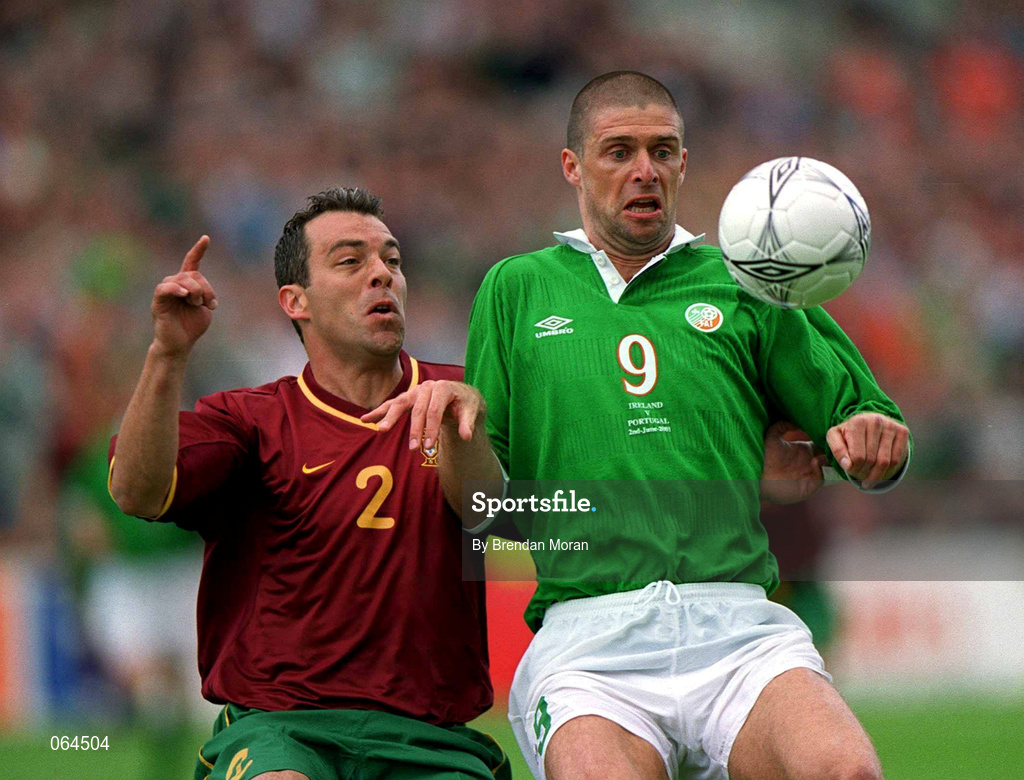 2 June 2001; Niall Quinn of Republic of Ireland in action against Jorge Costa of Portugal during the FIFA World Cup 2002 Group 2 Qualifier match between Republic of Ireland and Portugal at Lansdowne Road in Dublin. Photo by Brendan Moran/Sportsfile