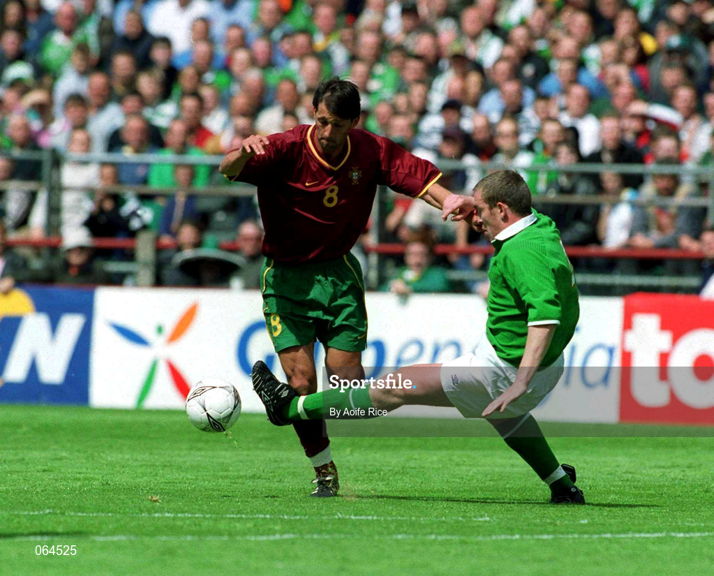 2 June 2001; Pedro Barbossa of Portugal in action against Richard Dunne of Republic of Ireland during the FIFA World Cup 2002 Group 2 Qualifier match between Republic of Ireland and Portugal at Lansdowne Road in Dublin. Photo by Aoife Rice/Sportsfile