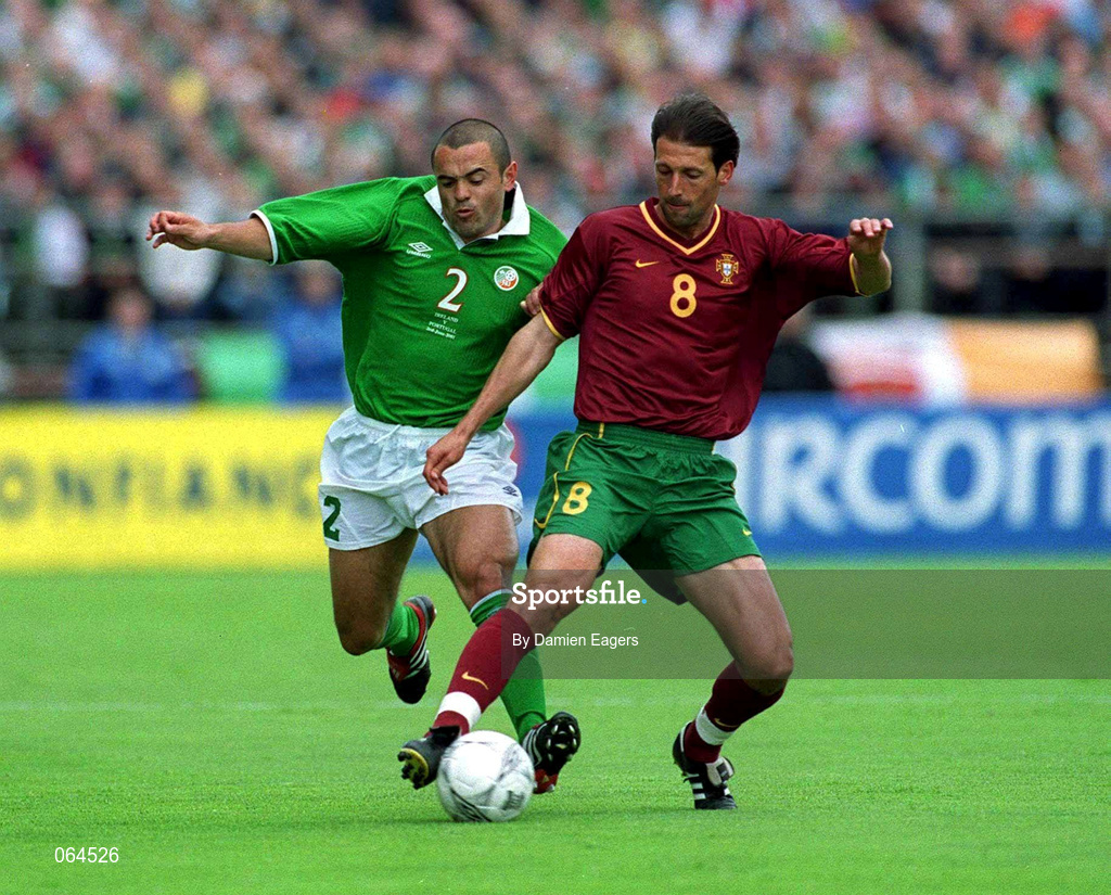 2 June 2001; Pedro Barbossa of Portugal in action against Stephen Carr of Republic of Ireland during the FIFA World Cup 2002 Group 2 Qualifier match between Republic of Ireland and Portugal at Lansdowne Road in Dublin. Photo by Damien Eagers/Sportsfile