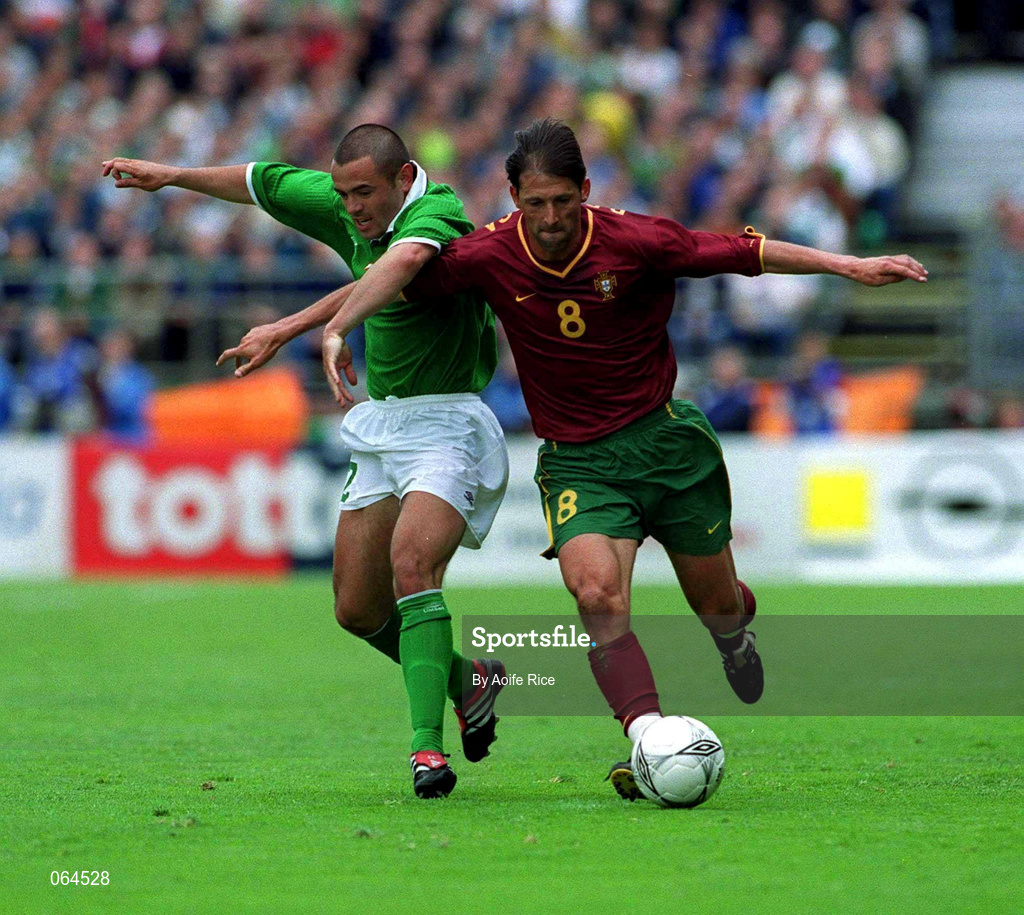 2 June 2001; Pedro Barbossa of Portugal in action against Stephen Carr of Republic of Ireland during the FIFA World Cup 2002 Group 2 Qualifier match between Republic of Ireland and Portugal at Lansdowne Road in Dublin. Photo by Aoife Rice/Sportsfile