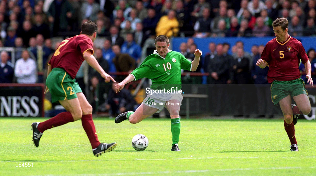 2 June 2001; Robbie Keane of Republic of Ireland in action against Jorge Costa, left, and Litos of Portugal during the FIFA World Cup 2002 Group 2 Qualifier match between Republic of Ireland and Portugal at Lansdowne Road in Dublin. Photo by Damien Eagers/Sportsfile