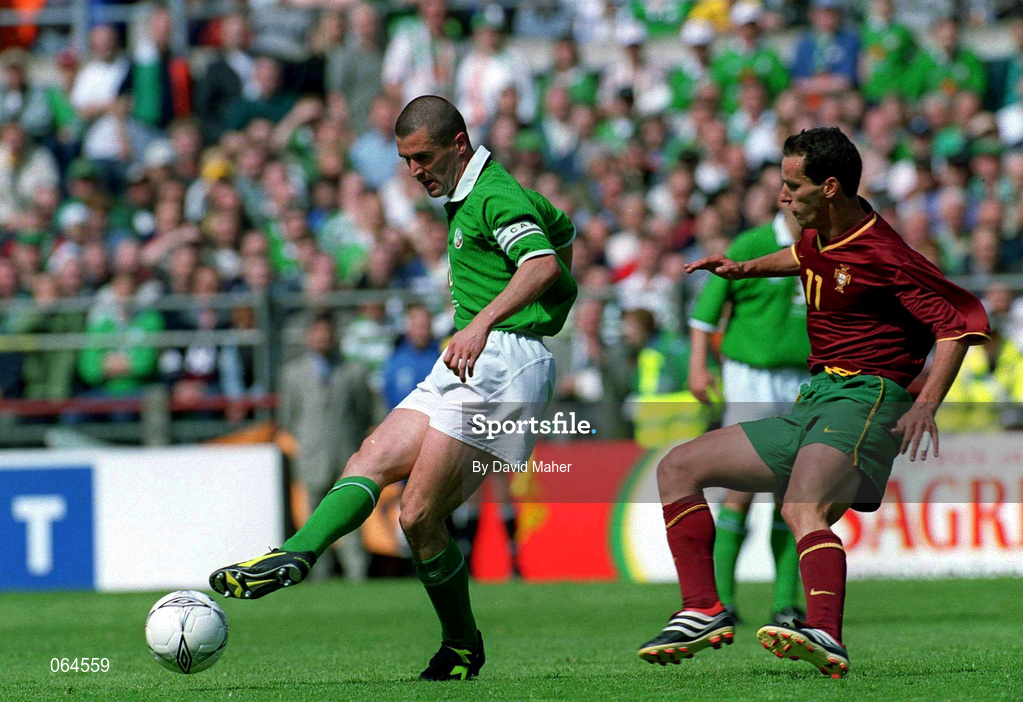 2 June 2001; Roy Keane of Republic of Ireland in action against Armando Petit of Portugal during the FIFA World Cup 2002 Group 2 Qualifier match between Republic of Ireland and Portugal at Lansdowne Road in Dublin. Photo by David Maher/Sportsfile