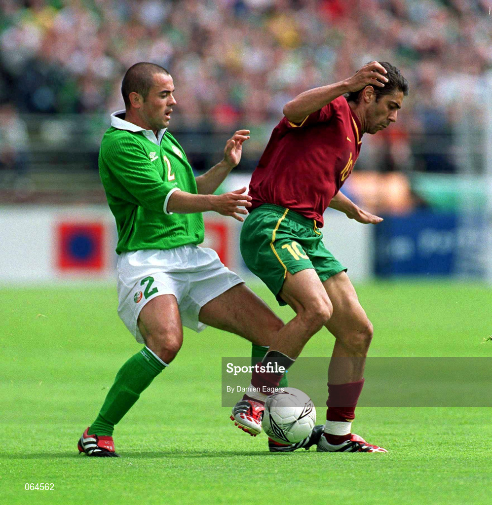 2 June 2001; Rui Costa of Portugal in action against Stephen Carr of Republic of Ireland during the FIFA World Cup 2002 Group 2 Qualifier match between Republic of Ireland and Portugal at Lansdowne Road in Dublin. Photo by Damien Eagers/Sportsfile