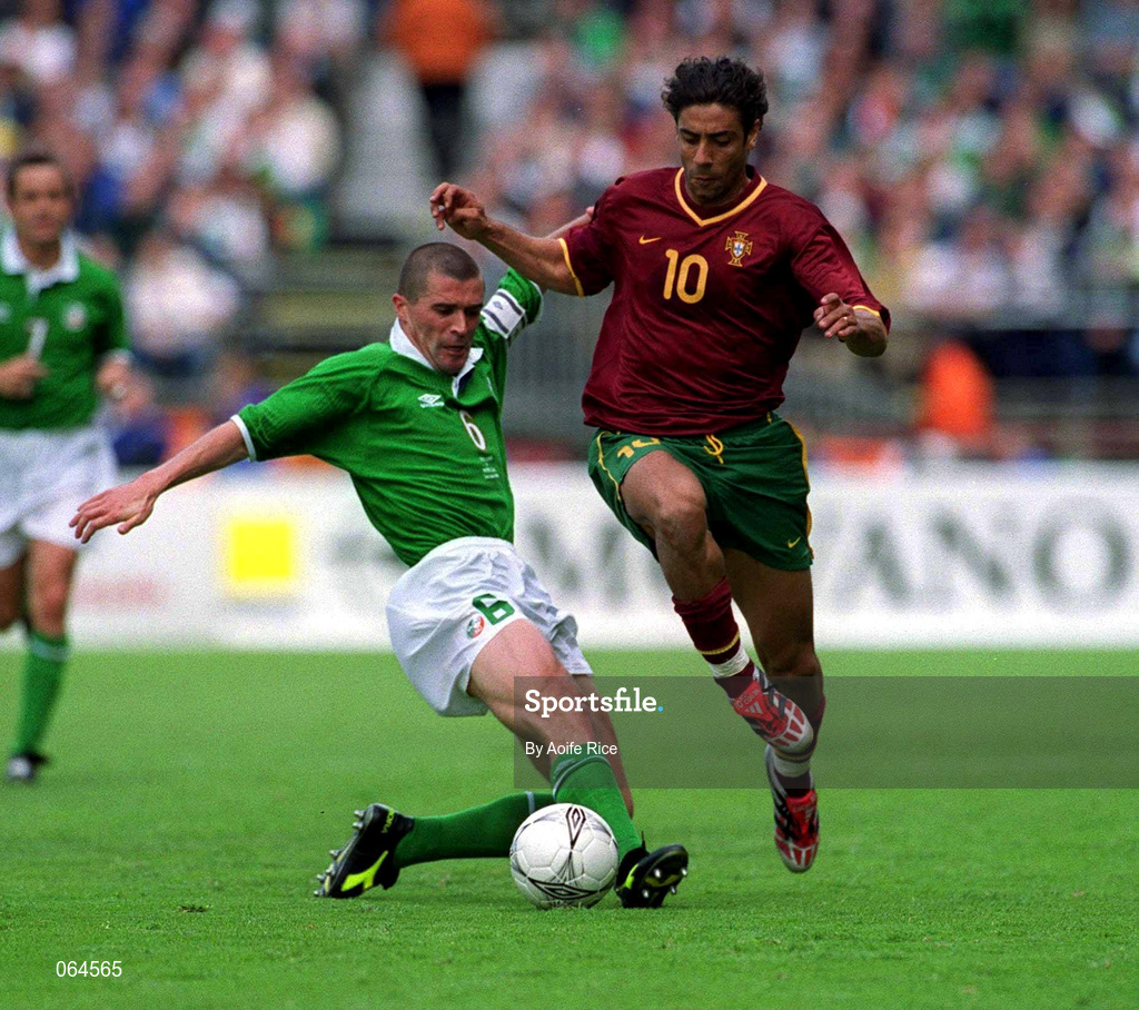 2 June 2001; Rui Costa of Portugal in action against Roy Keane of Republic of Ireland during the FIFA World Cup 2002 Group 2 Qualifier match between Republic of Ireland and Portugal at Lansdowne Road in Dublin. Photo by Aoife Rice/Sportsfile