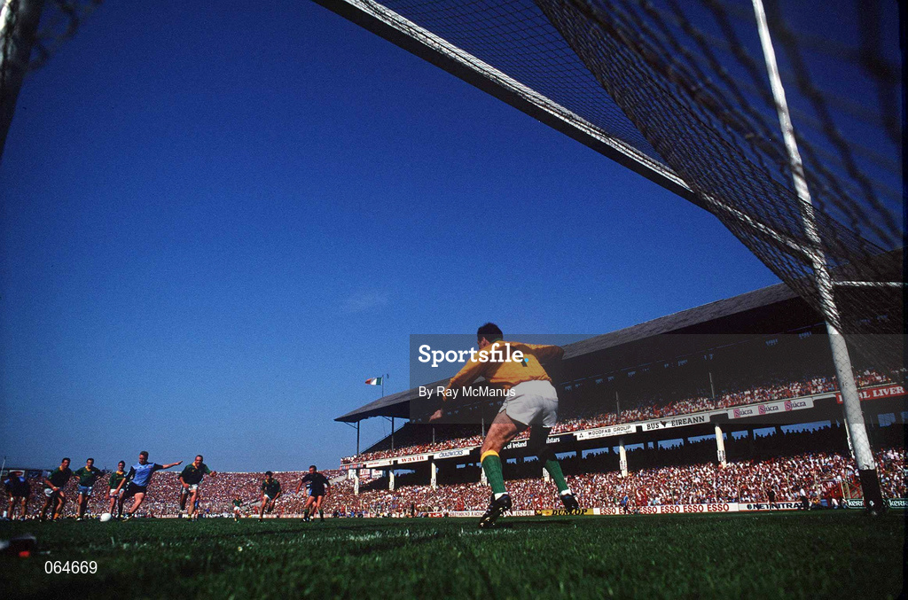 6 July 1991; Keith Barr of Dublin attempts a penalty against Meath goalkeeper Michael McQuillan during the Leinster Senior Football Championship Preliminary Round 3rd Replay match between Dublin and Meath at Croke Park in Dublin. Photo by Ray McManus/Sportsfile