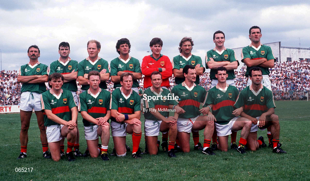 23 July 1989; The Mayo team, back, from left, Frank Noone, Noel Durcan, Jimmy Burke, Peter Forde, Garbriel Irwin, Willie Joe Padden, Sean Maher and Liam McHale, with, front, from left, Anthony Finnerty, Michael Fitzmaurice, Denis Kearney, Jimmy Browne, Dermot Flanagan, Kevin McStay and John Finn ahead of the Connacht Senior Football Championship Final match between Mayo and Roscommon at McHale Park in Castlebar, Mayo. Photo by Ray McManus/Sportsfile