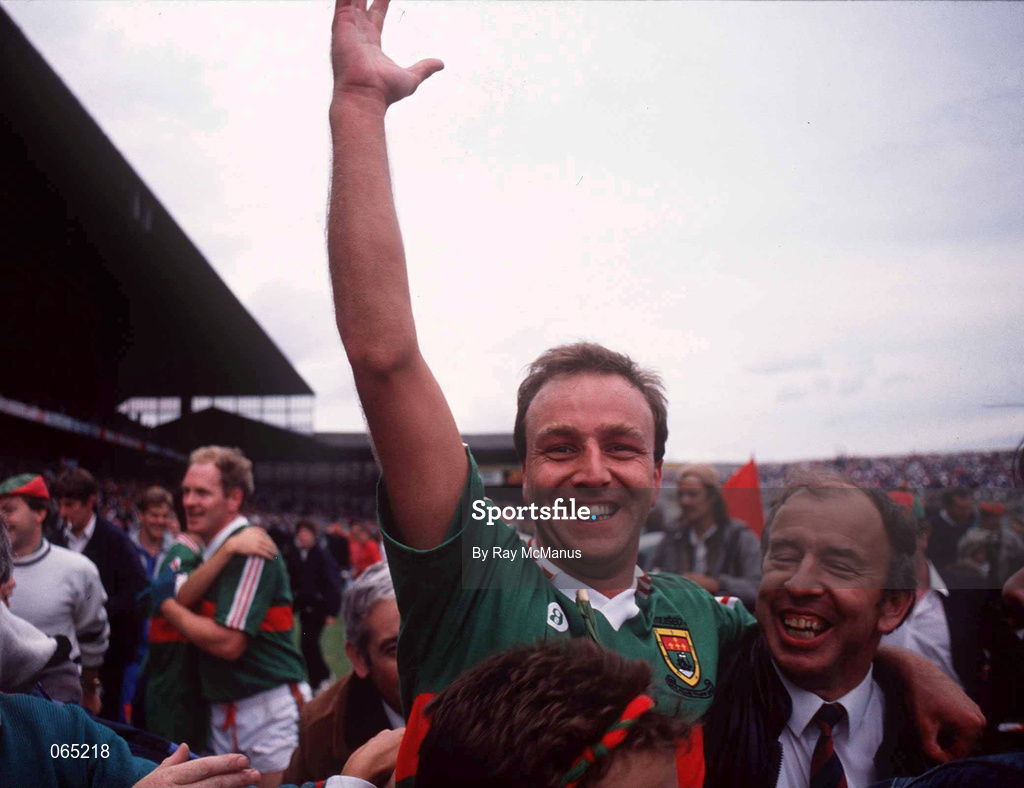 13 August 1989; Mayo captain Jimmy Browne celebrates following his sides victory of the All-Ireland Senior Football Championship Semi-Final match between Mayo and Tyrone at Croke Park in Dublin. Photo by Ray McManus/Sportsfile