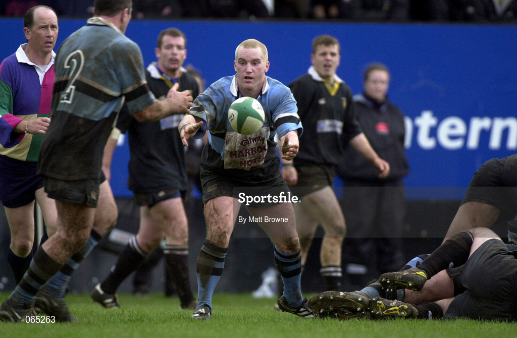 14 April 2001; Bryan Shelbourne of Galwegians offloads during the AIB League Division One match between Ballymena and Galwegians at Ballymena Rugby Club in Antrim. Photo by Matt Browne/Sportsfile