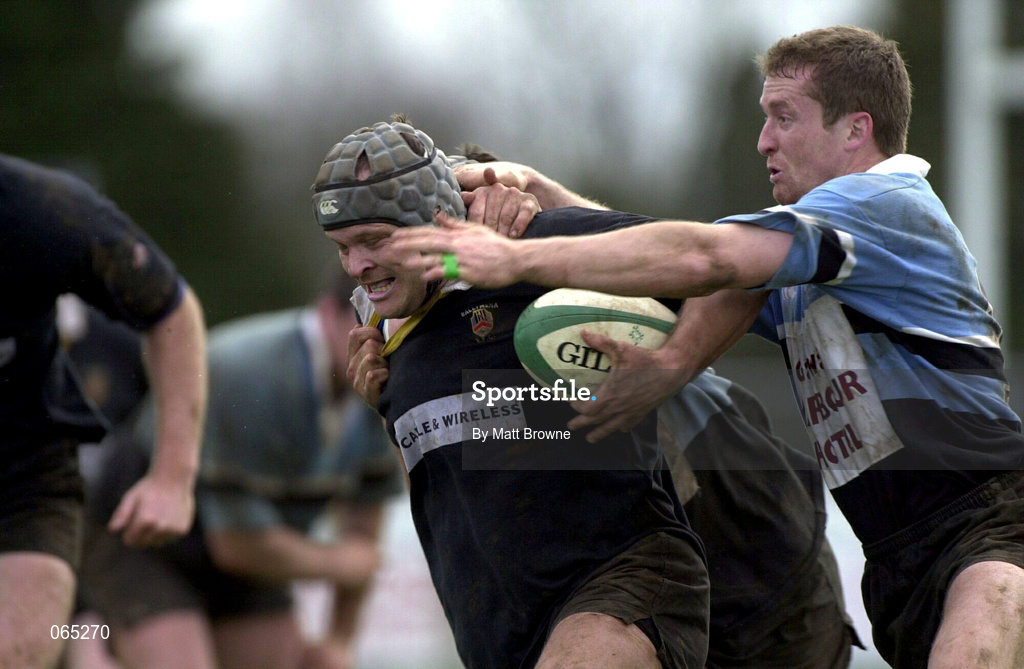 14 April 2001; Rhys Boatha of Ballymena is tackled by Pat Duignan of Galwegians during the AIB League Division One match between Ballymena and Galwegians at Ballymena Rugby Club in Antrim. Photo by Matt Browne/Sportsfile