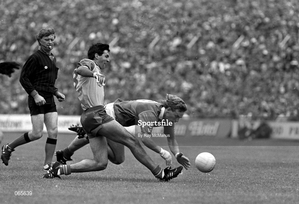 14 July 1991; Seamus Killoran of Roscommon in action against Colm McManamon of Mayo during the Connacht Senior Football Championship Final match between Mayo and Roscommon at McHale Park in Castlebar, Mayo. Photo by Ray McManus/Sportsfile