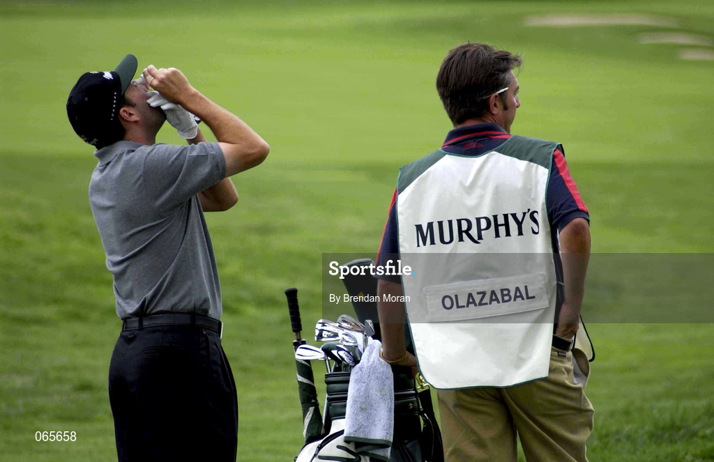 27 June 2001; Jose Maria Olazabal of Spain administers eye drops during the Pro Am ahead of the Murphy's Irish Open Golf Championship at Fota Island Golf Club in Fota Island, Cork. Photo by Brendan Moran/Sportsfile