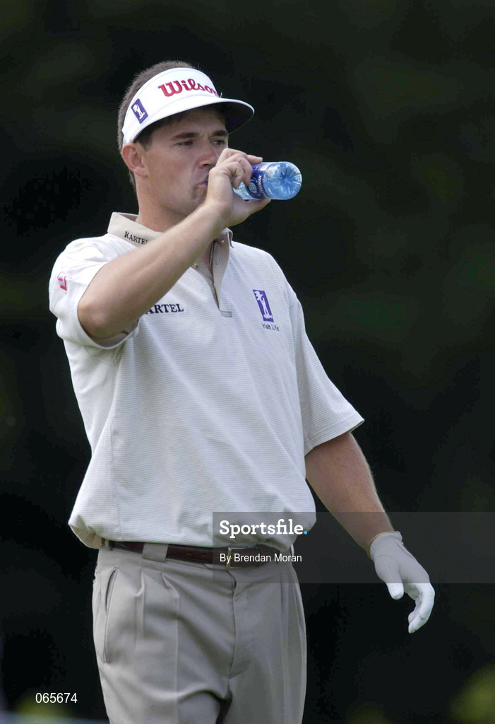 27 June 2001; Padraig Harrington of Ireland takes a drink of water during the Pro Am ahead of the Murphy's Irish Open Golf Championship at Fota Island Golf Club in Fota Island, Cork. Photo by Brendan Moran/Sportsfile