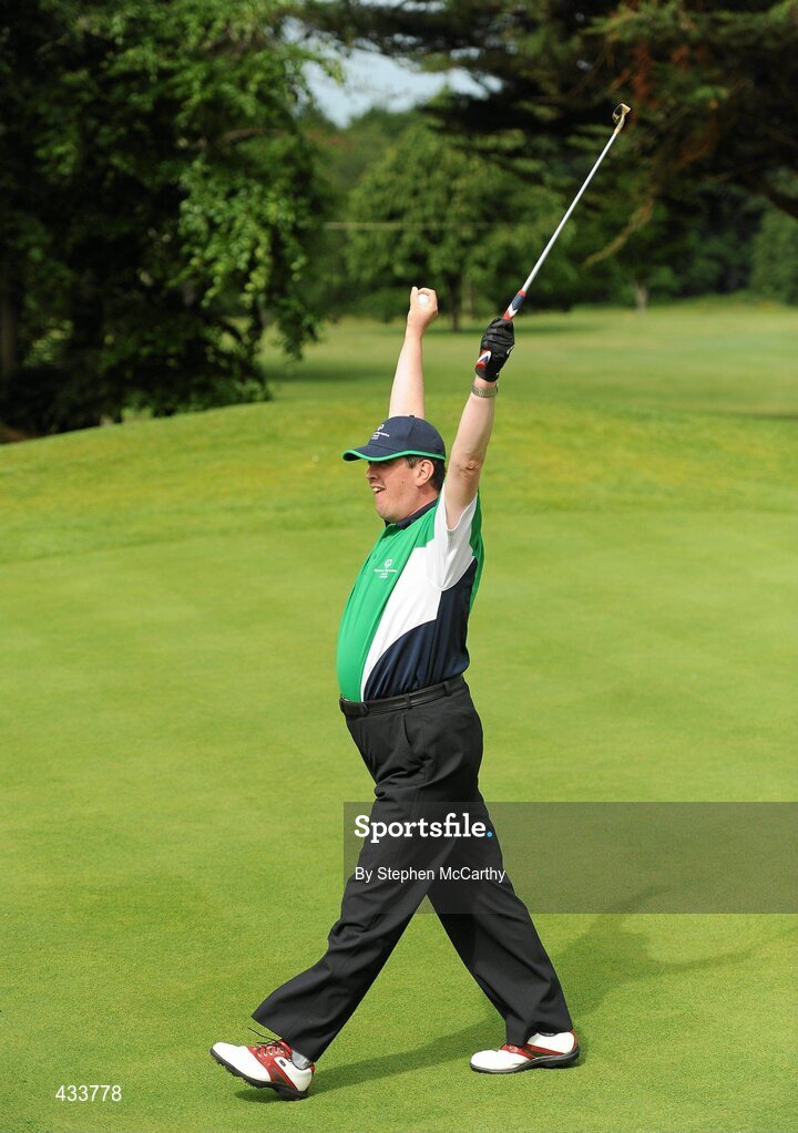 12 June 2010; Paul Charlton, from Kiltimagh, Mayo, celebrates his putt on the 18th during the 18 Hole Golf competition during the third day of the 2010 Special Olympics Ireland Games. Limerick Golf Club, Limerick. Picture credit: Stephen McCarthy / SPORTSFILE