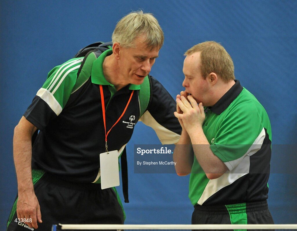10 June 2010; Anthony Lurgan, from Knockmore, Co. Mayo, is consoled by his coach Tom Kavanagh, from Castlebar, Co. Mayo, following his defeat in Table Tennis during the second day at the 2010 Special Olympics Ireland Games. Tailteann Centre, Mary Immaculate College, Limerick. Picture credit: Stephen McCarthy / SPORTSFILE