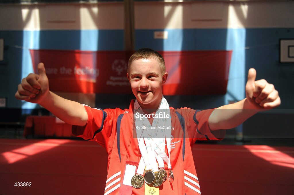 12 June 2010; Alan Quinlan, from Cappamore, Limerick, poses with his Gymnastic medals during the third day of the 2010 Special Olympics Ireland Games. University of Limerick, Limerick. Picture credit: Stephen McCarthy / SPORTSFILE