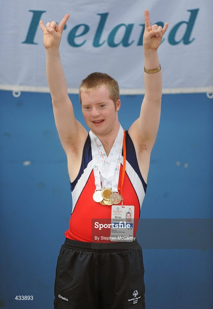 12 June 2010; Brian McSweeney, Dunmore, Waterford, celebrates after receiving his Gold medal for Vault during the third day of the 2010 Special Olympics Ireland Games. University of Limerick, Limerick. Picture credit: Stephen McCarthy / SPORTSFILE