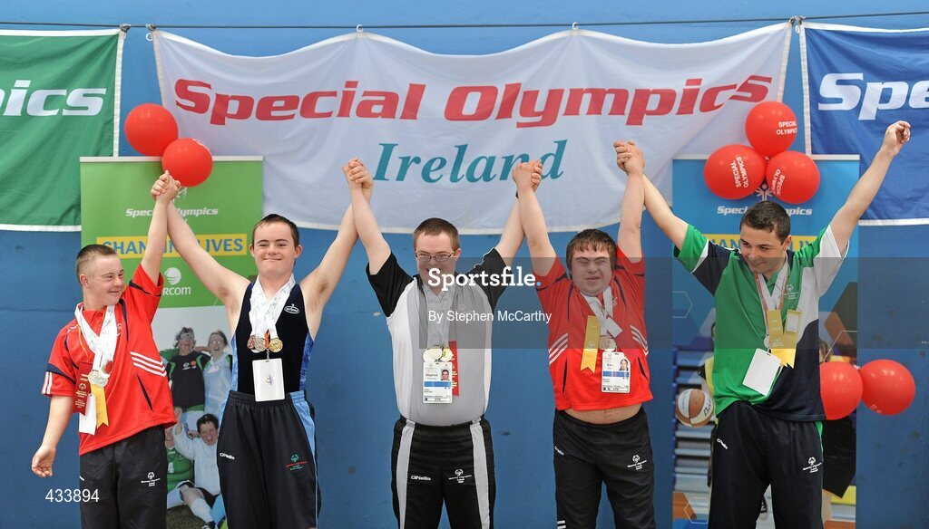 12 June 2010; Gynmasitc athletes celebrate on the podium after receiving their medals during the third day of the 2010 Special Olympics Ireland Games. University of Limerick, Limerick. Picture credit: Stephen McCarthy / SPORTSFILE