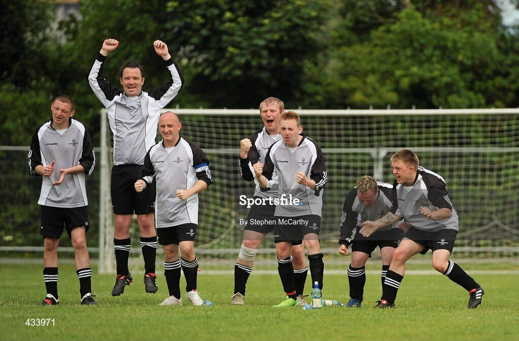 12 June 2010; Ulster Region players celebrates after their goalkeeper Ollie Boyle, from Letterkenny, Co. Donegal, saved a penalty during their penalty shoot-out victory over Munster Region in the 11-a-side football event during the third day of the 2010 Special Olympics Ireland Games. University of Limerick, Limerick. Picture credit: Stephen McCarthy / SPORTSFILE