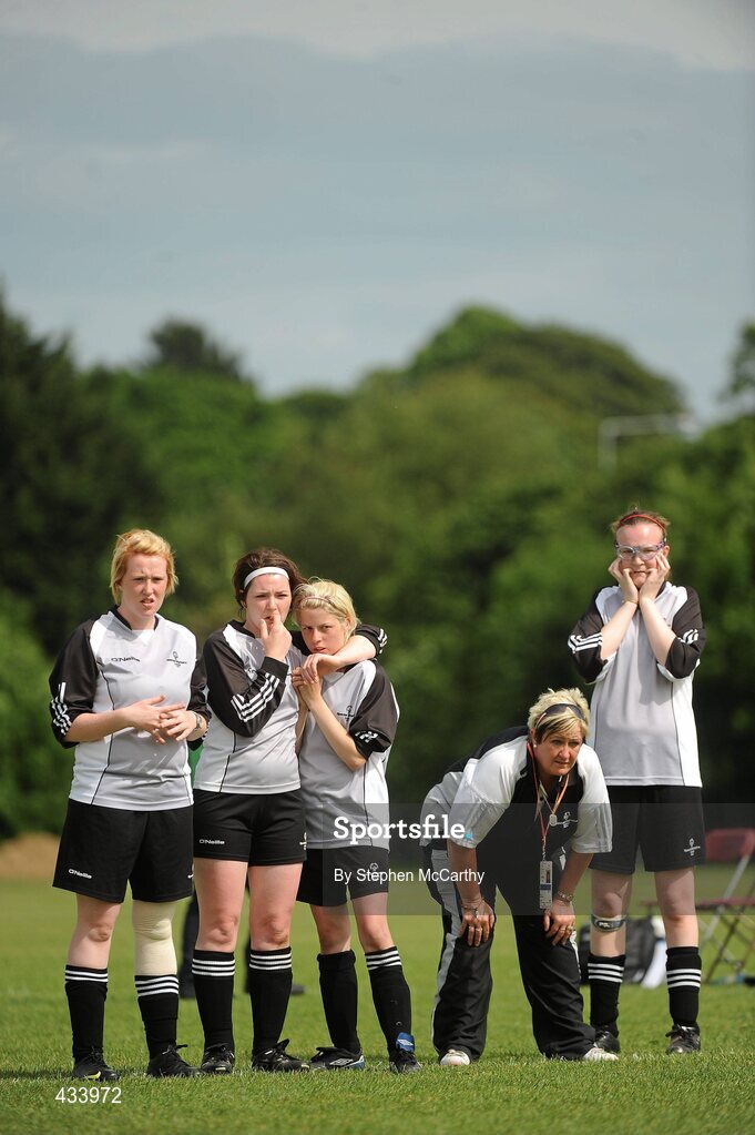 12 June 2010; Ulster Region players, from left, Gemma Friel, from Strabane, Tyrone, Corina Bond McCauley, from Letterkenny, Donegal, Mary Strain, from Letterkenny, Donegal, coach Sandra Friel, from Stanbane, Tyrone, and Siobhan Dunne, from Strabane, Tyrone, react during their penalty shoot-out defeat to Connacht Region in the women's 5-a-side Division 2 final during the third day of the 2010 Special Olympics Ireland Games. University of Limerick, Limerick. Picture credit: Stephen McCarthy / SPORTSFILE