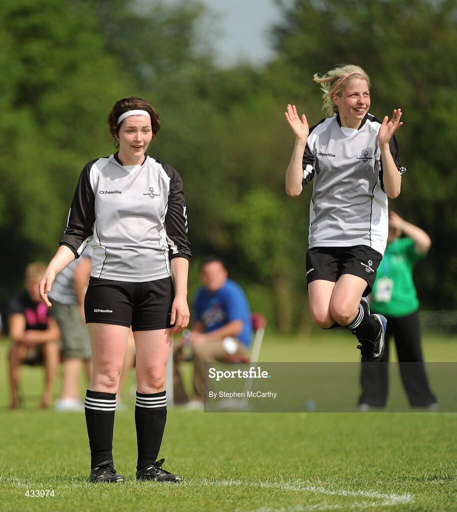 2 June 2010; Ulster Region players, Corina Bond McCauley, from Letterkenny, Donegal, left, Mary Strain, from Letterkenny, Donegal, react during their penalty shoot-out defeat to Connacht Region in the women's 5-a-side Division 2 final during the third day of the 2010 Special Olympics Ireland Games. University of Limerick, Limerick. Picture credit: Stephen McCarthy / SPORTSFILE