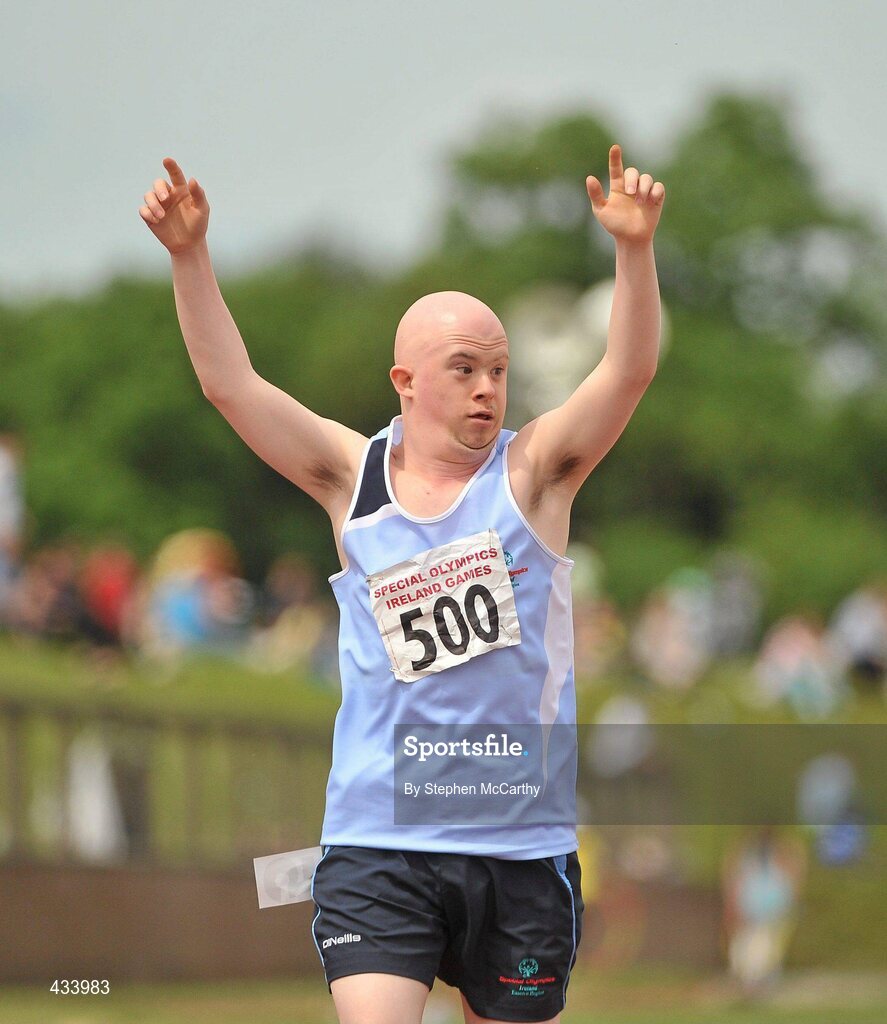 12 June 2010; Alan Larkin, from Ballymun, Dublin, celebrates during his athletics event during the third day of the 2010 Special Olympics Ireland Games. University of Limerick, Limerick. Picture credit: Stephen McCarthy / SPORTSFILE