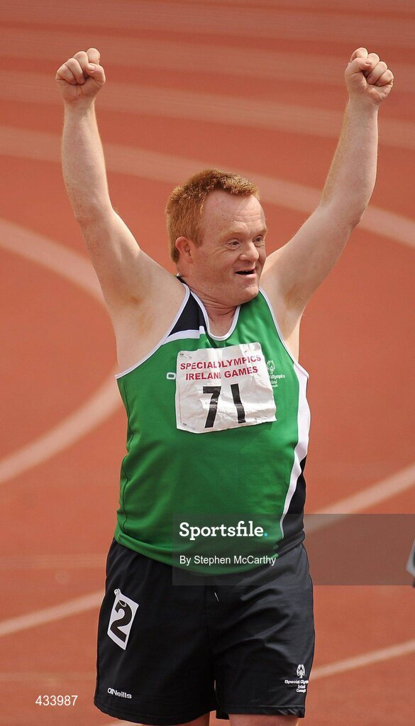 12 June 2010; Michael Egan, from Athlone, Westmeath, celebrates following the 50m run during the third day of the 2010 Special Olympics Ireland Games. University of Limerick, Limerick. Picture credit: Stephen McCarthy / SPORTSFILE