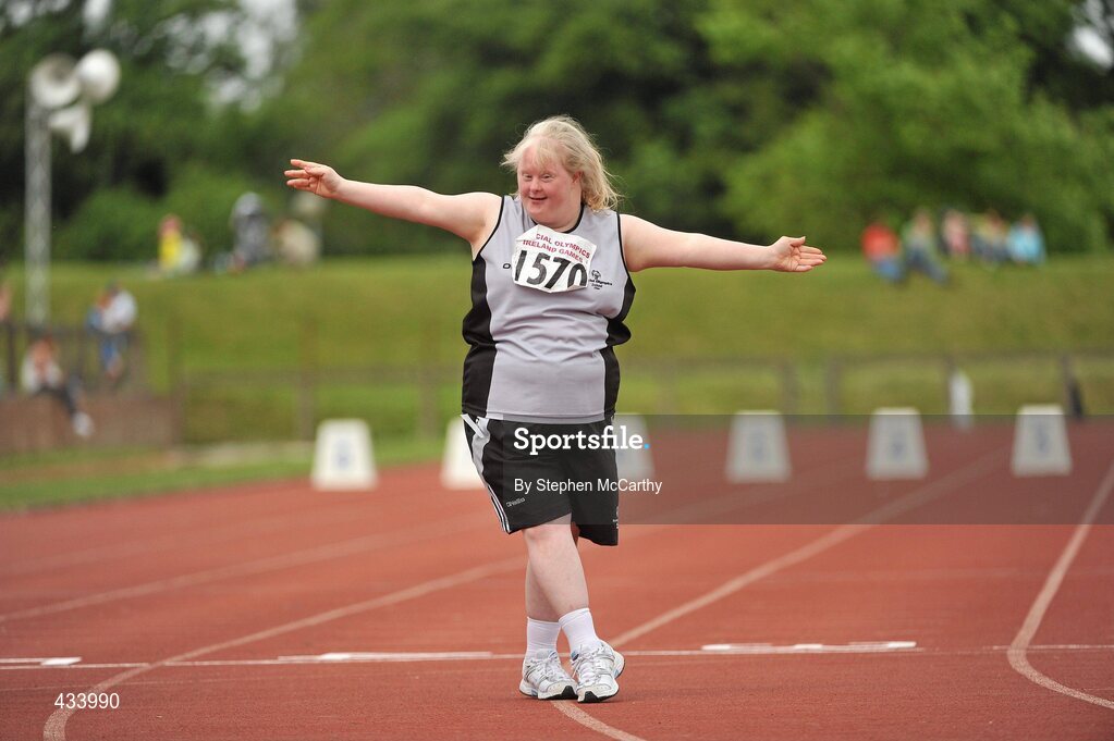 12 June 2010; Geraldine Daly, from Newtownabbey, Belfast, Antrim, celebrates during her 25m run event during the third day of the 2010 Special Olympics Ireland Games. University of Limerick, Limerick. Picture credit: Stephen McCarthy / SPORTSFILE