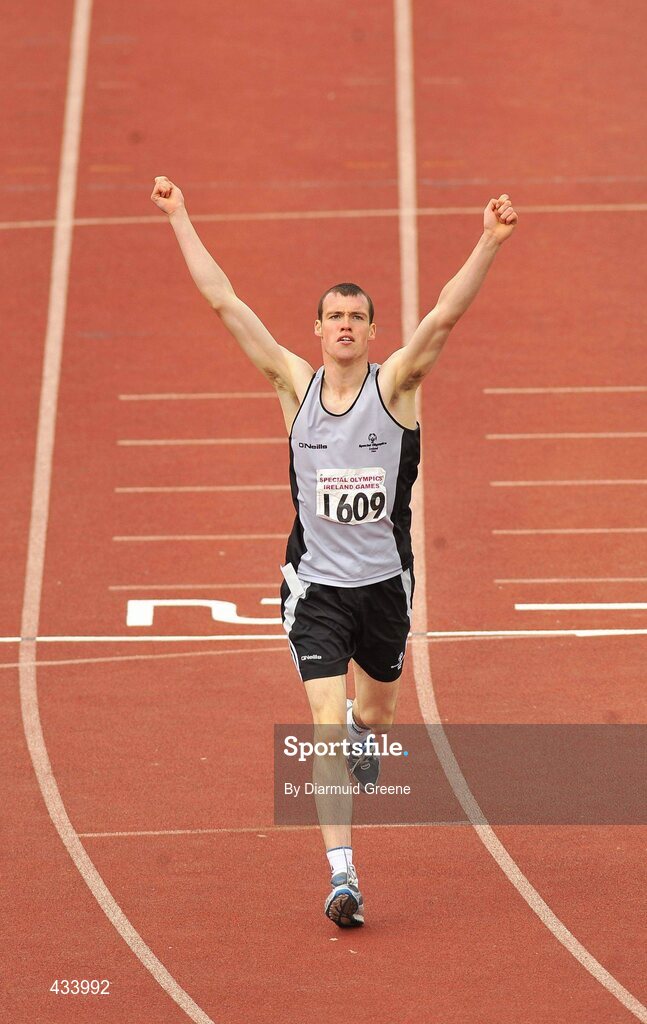 12 June 2010; Kieran Gallagher, from Inver, Co. Donegal, celebrates after completing the 400m Run, Division 126, during the 2010 Special Olympics Ireland Games. University of Limerick, Limerick. Picture credit: Diarmuid Greene / SPORTSFILE