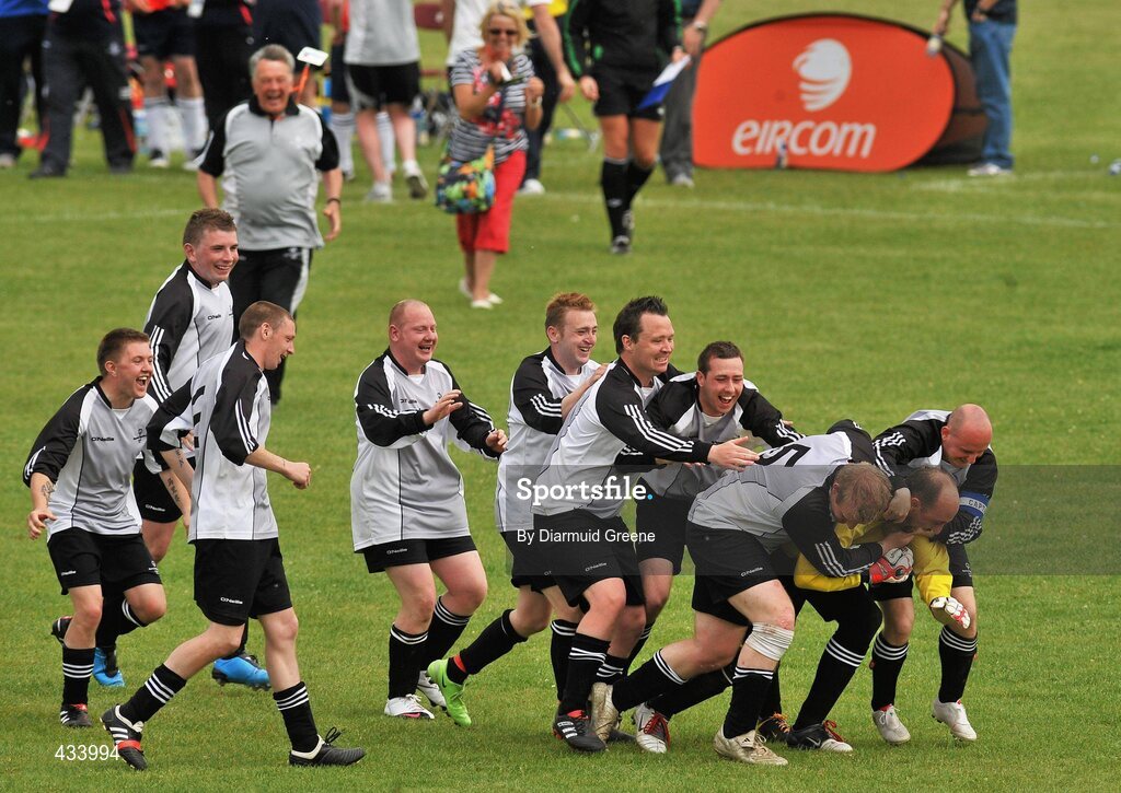12 June 2010; Goalkeeper Ollie Boyle, from Letterkenny, Co. Donegal, is congratulated by his Ulster Region team-mates after a penalty shoot-out victory over Munster Region in the 11-a-side football event during the third day of the 2010 Special Olympics Ireland Games. University of Limerick, Limerick Picture credit: Diarmuid Greene / SPORTSFILE