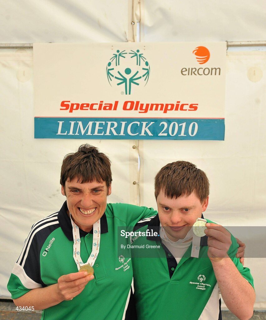 12 June 2010; Jane Maher, from Tuam, Co. Galway, left, and Paul Cannon, from Galway, celebrate after winning gold medals in the Division 4 Bocce Doubles Finals at 2010 Special Olympics Ireland Games. Limerick Racecourse, Patrickswell, Co. Limerick. Picture credit: Diarmuid Greene / SPORTSFILE