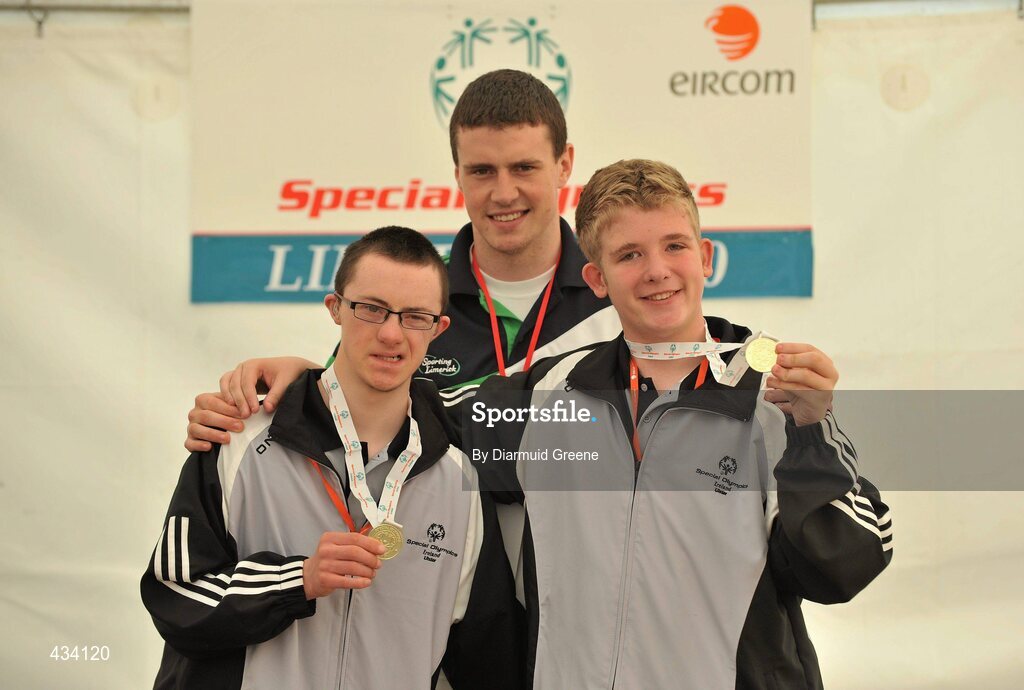 12 June 2010; David Wilson, left, and Oliver Magee, both from Lisburn, Co. Antrim, with Limerick senior hurler David Lynch, celebrate after winning gold medals in the Division 1 Bocce Doubles Finals at 2010 Special Olympics Ireland Games. Limerick Racecourse, Patrickswell, Co. Limerick. Picture credit: Diarmuid Greene / SPORTSFILE