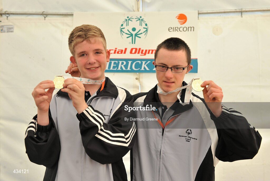12 June 2010; David Wilson, left, and Oliver Magee, both from Lisburn, Co. Antrim, celebrate after winning gold medals in the Division 1 Bocce Doubles Finals at 2010 Special Olympics Ireland Games. Limerick Racecourse, Patrickswell, Co. Limerick. Picture credit: Diarmuid Greene / SPORTSFILE