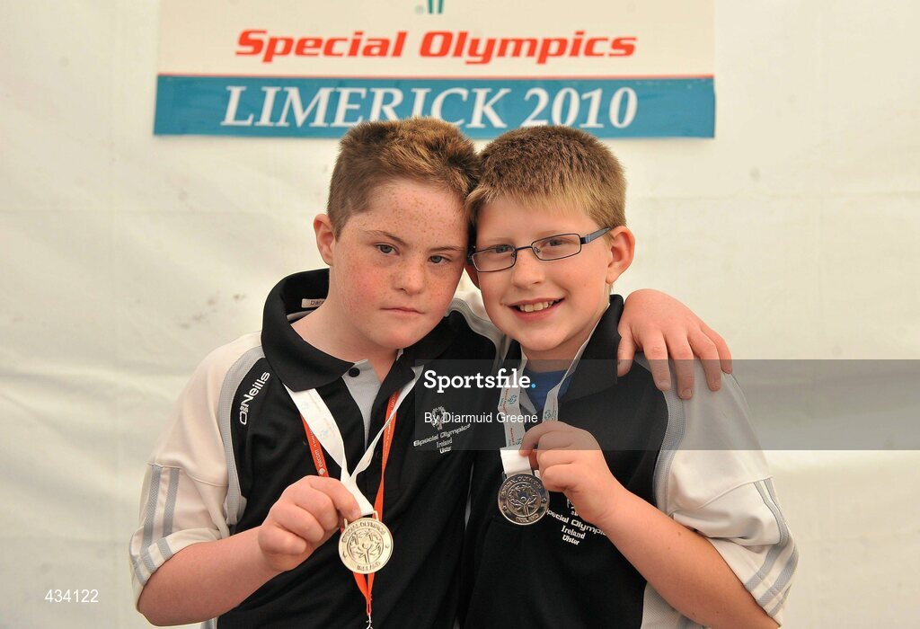 12 June 2010; Dara Friel, left, and Dean Black, both from Strabane, Co. Tyrone, celebrate after winning silver medals in the Division 1 Bocce Doubles Finals at 2010 Special Olympics Ireland Games. Limerick Racecourse, Patrickswell, Co. Limerick. Picture credit: Diarmuid Greene / SPORTSFILE