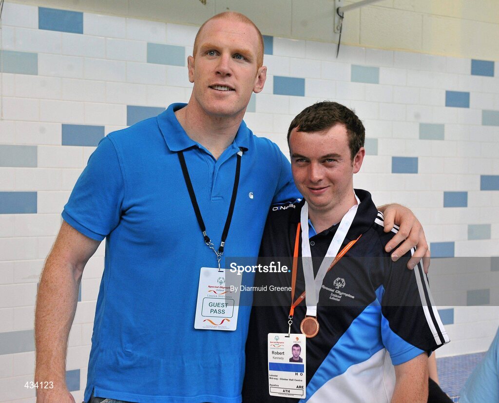 12 June 2010; Munster and Ireland rugby player Paul O'Connell with Robert Kennedy from Oldcastle, Co. Meath, after presenting him with a bronze medal after he finished 3rd in the 25m Backstroke during the 2010 Special Olympics Ireland Games. University of Limerick, Limerick. Picture credit: Diarmuid Greene / SPORTSFILE