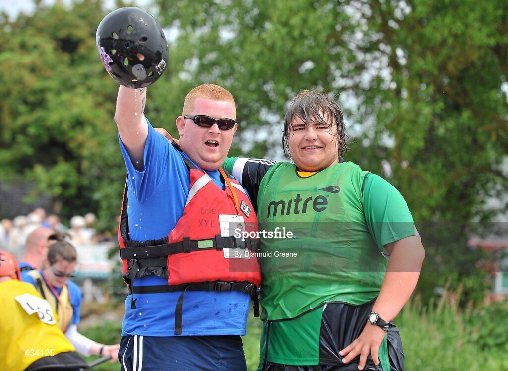 12 June 2010; Athlete Dylan O'Regan, from Mullingar, Co. Westmeath, right, with volunteer Eugene Mackessy, after competing in the 200m round final, division 4 event, during the 2010 Special Olympics Ireland Games. University of Limerick Rowing Club, Limerick. Picture credit: Diarmuid Greene / SPORTSFILE