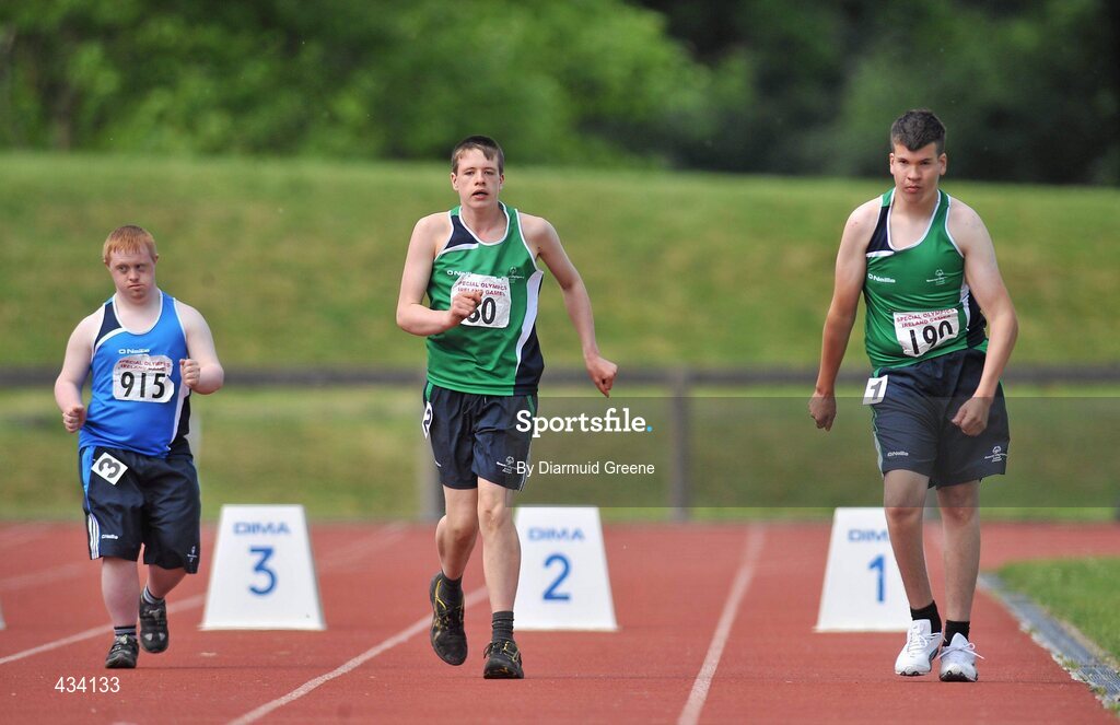12 June 2010; Athletes, from left to right, Gavin Holmes, from Dunleer, Co. Louth, 3rd place, Gearoid Flannagan, from Ballina, Co. Mayo, 2nd place, and Michael Moore, from Ballina, Co. Mayo, 1st place, in action duriing the 50m Walk, division 91, at the 2010 Special Olympics Ireland Games. University of Limerick, Limerick. Picture credit: Diarmuid Greene / SPORTSFILE